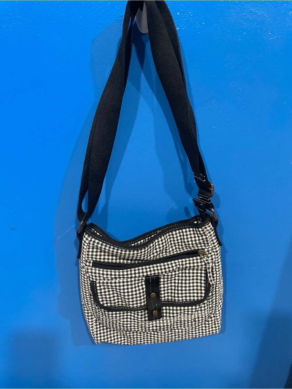 Gingham Black & White Crossbody Bag with Wide Strap
